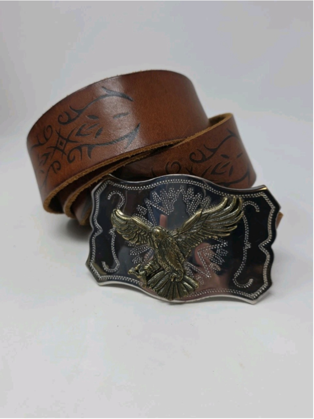 EXPRESS Genuine Leather Belt Sz. 38 Flying Eagle Belt Buckle Vtg